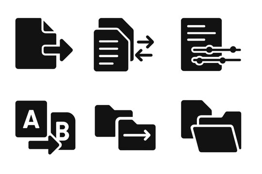Digital Migration Icons. Solid style icons of digital format migration: file arrows, document stacks, data transfer lines,