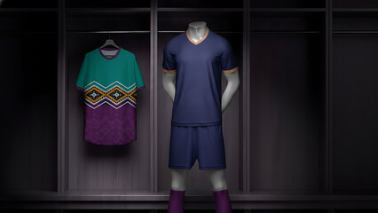 Sports uniform hanging in a locker next to a mannequin wearing a matching jersey and shorts in a dimly lit locker room