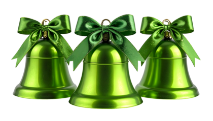 Three shiny, green bells with green bows on top, arranged on a black background