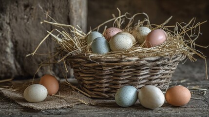 Rustic charm shines as a basket overflows with naturally hued eggs nestled in straw. Simple, earthy, and visually appealing with farm-fresh goodness. A perfect countryside delight.