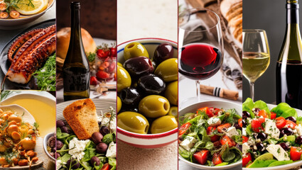 A Mediterranean mezze collage features grilled octopus, a bowl of mixed olives, Greek salads with feta, warm bean dishes with toasted bread, and glasses of red and white wine for a cozy, wine‑bar vibe