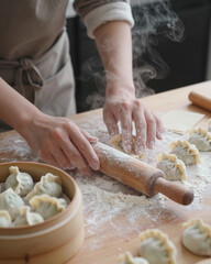 Fototapeta premium Friends Making Dumplings at Kitchen Island - Asian Food Culture & Socializing