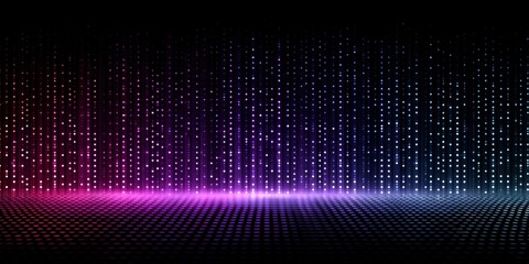 Abstract digital equalizer background with pink and blue glowing vertical dots.


