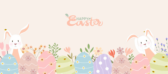 Easter Background,Happy Bunny Rabbit,Flower Boarder on Beige Background,Vector cute design spring flowers and hare hunting Easter eggs,Horizontal banner Invitation,Poster,Holiday festive banner cover