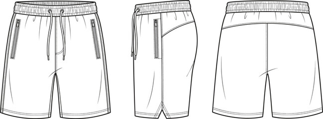 Men athletic shorts technical drawing, front side back views, sportswear design sketch, apparel pattern outline, fashion flat illustration, casual activewear shorts blueprint