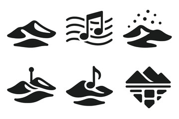 Melodic Sand Icons. Solid style icons of melodic sand landscapes: dune clusters, rhythm lines, echoing grains, pulse markers,
