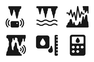 Solid Dripstone Measurement Icons. Solid style icons of dripstone frequency measurement: stalactite sensors, resonance lines,