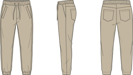 Men jogger pants technical flat sketch, front side back view fashion design template casual sweatpants vector illustration apparel manufacturing clothing production pattern blueprint industry