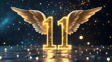Angel Number 11 with Golden Wings and Divine Light
