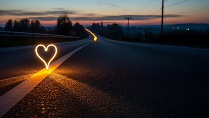 Romantic heart shaped light on a deserted road at sunset