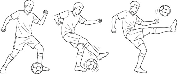 Fototapeta premium Soccer, player, action, sequence, line, art, illustration, showing, football, kick, motion, training, technique, sports, athlete, movement, dribbling, shooting, exercise, isolated, outline