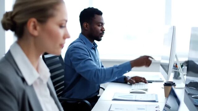 A smiling businesswoman leads a professional team meeting around an office table using laptop technology for successful communication and teamwork