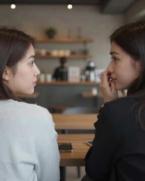 Two Women Having Coffee Looking Shy - Lesbian First Date