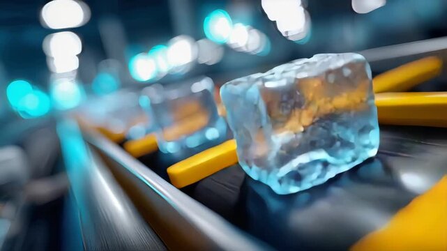 Frozen ice cubes covered in ice crystals and water droplets moving along a modern conveyor belt inside a cold storage facility