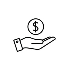 Vector illustration icon a black line drawing of a hand with a dollar coin hovering over it on a