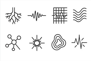 Mycelium Seismic Icons. Line style icons of mycelium seismic tools: fungal root network, wave detector, rhythmic vibration grid,
