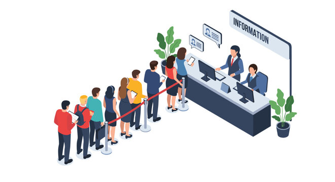 Isometric vector illustration showing a long queue of diverse people waiting for service at a busy information or reception desk.