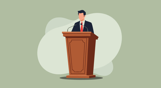 Faceless illustration of a well-dressed businessman or politician giving a speech at a wooden podium with a microphone.