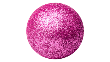 A shimmering, pink sphere against a stark black backdrop. Its surface is textured and sparkly