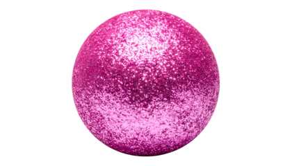 A sparkly, magenta-colored sphere against a stark black background, floating
