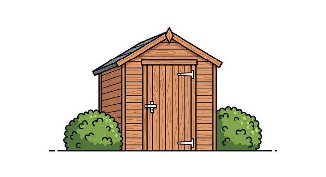 A charming, simple line art illustration of a small wooden garden shed with a single door, nestled between two green bushes.