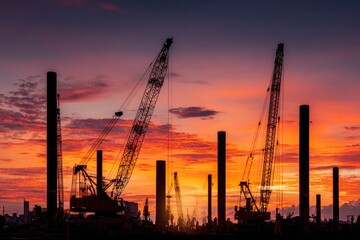 Obraz premium Silhouetted cranes and construction pillars against a vibrant, fiery sunset