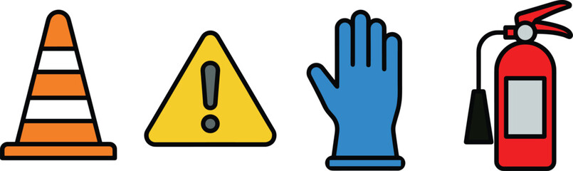 Obraz premium Workplace safety icon set with traffic cone, warning sign, glove, and fire extinguisher illustration