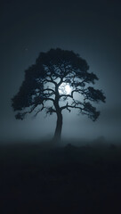 Mystical Lone Tree in Dark Foggy Night