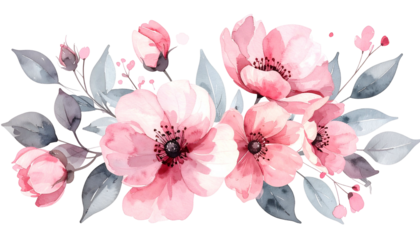 Watercolor floral arrangement with pink blooms, grey leaves, and buds on black background