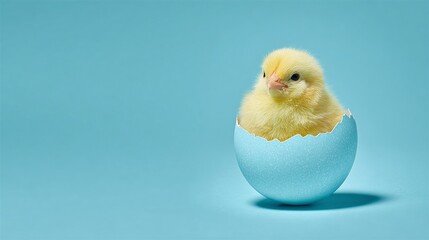 A fluffy, newly hatched chick peeks out from a cracked pastel blue eggshell against a clean, matching blue background. A symbol of springtime, new beginnings & Easter season.