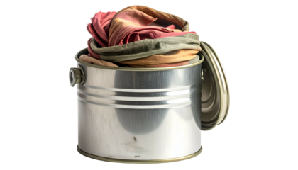 Cylindrical metal container, partially open, filled with folded, colorful fabrics