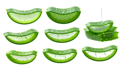 Freshly cut aloe vera plant slices with transparent gel, showing internal texture