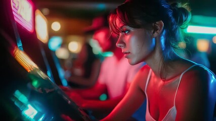 Focused young woman playing an arcade machine in a neon-lit gaming hall, capturing immersive retro gaming culture and entertainment atmosphere - Powered by Adobe