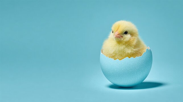 A fluffy, newly hatched chick peeks out from a cracked pastel blue eggshell against a clean, matching blue background. A symbol of springtime, new beginnings & Easter season.