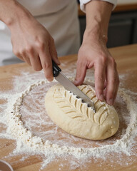 Baker Scoring Patterns on Raw Sourdough Loaf - Artisan Bread Making