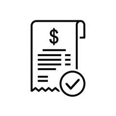Vector illustration icon a black line icon of a receipt with a dollar sign and a checkmark on a representing financial confirmation or invoice