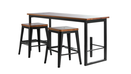 A modern bar table with two accompanying stools, each with contrasting wood tops