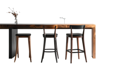 Three stools sit at a long wooden bar with a vase & glassware against a black background