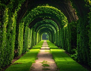 Obraz premium Lush, arched tunnel of greenery leads towards a distant bright light