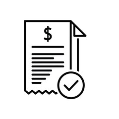 Vector illustration icon a black line icon of a document with a dollar sign and a checkmark on a