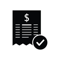 Vector illustration icon black icon of a verified invoice or receipt with a dollar sign on isolated
