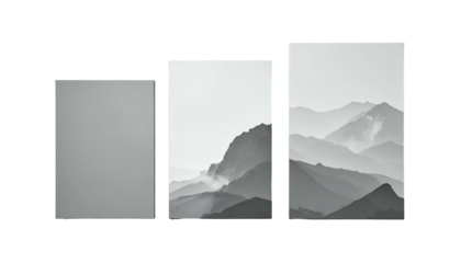 Three panels gray blank slate, mountain peaks in mist, distant layered ranges