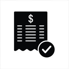 Vector illustration icon a black and white icon of a receipt with a dollar sign and a checkmark on isolated