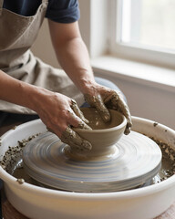 Potter Shaping Wet Clay on Wheel in Studio - Artisan Craftsmanship