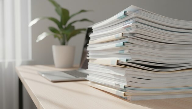 Large stack of business documents and files on modern office desk