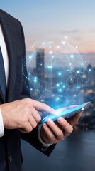 Businessman Using Smartphone with Holographic Global Network Over City Skyline Vertical View