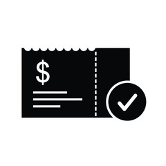 Vector illustration icon a black icon of a receipt with a dollar sign and a check mark on isolated for finance and payment concepts