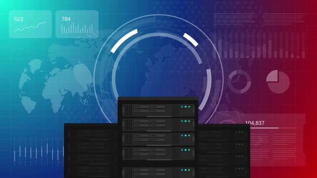Education technology infrastructure with graduation cap icon and server farm hardware on data visualization background for online learning