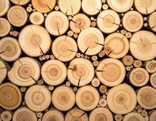 Close-up of stacked wood rounds, forming a natural and textured wall