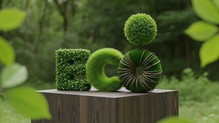 Green eco letters made of moss and plants on a wooden surface in nature